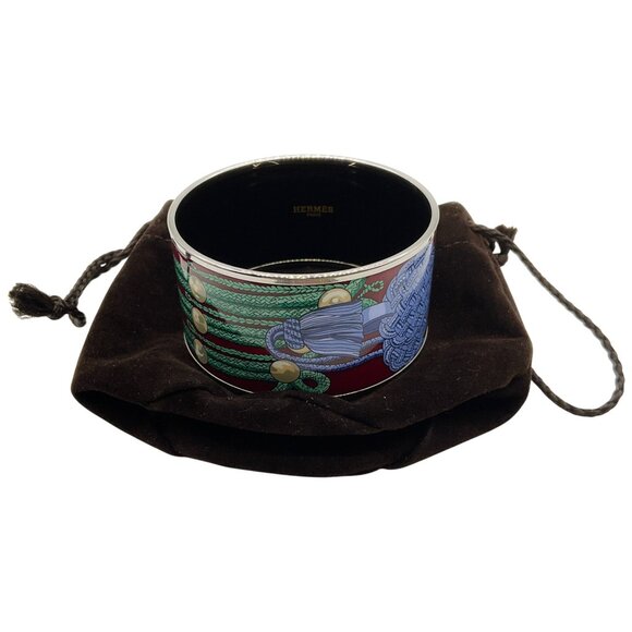 Hermes Green / Burgundy Brandenburg Cuff Enamel Extra Wide Bangle - Picture 1 of 5